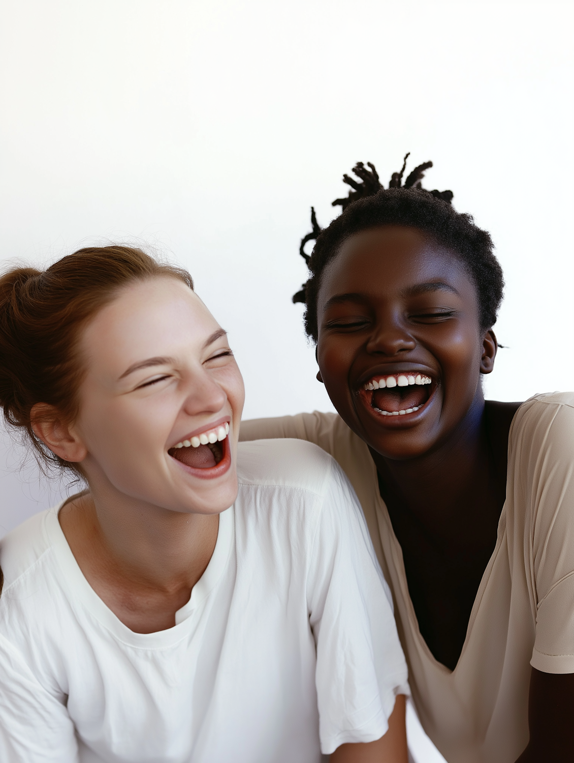 Two friends laughing together while taking a selfie.