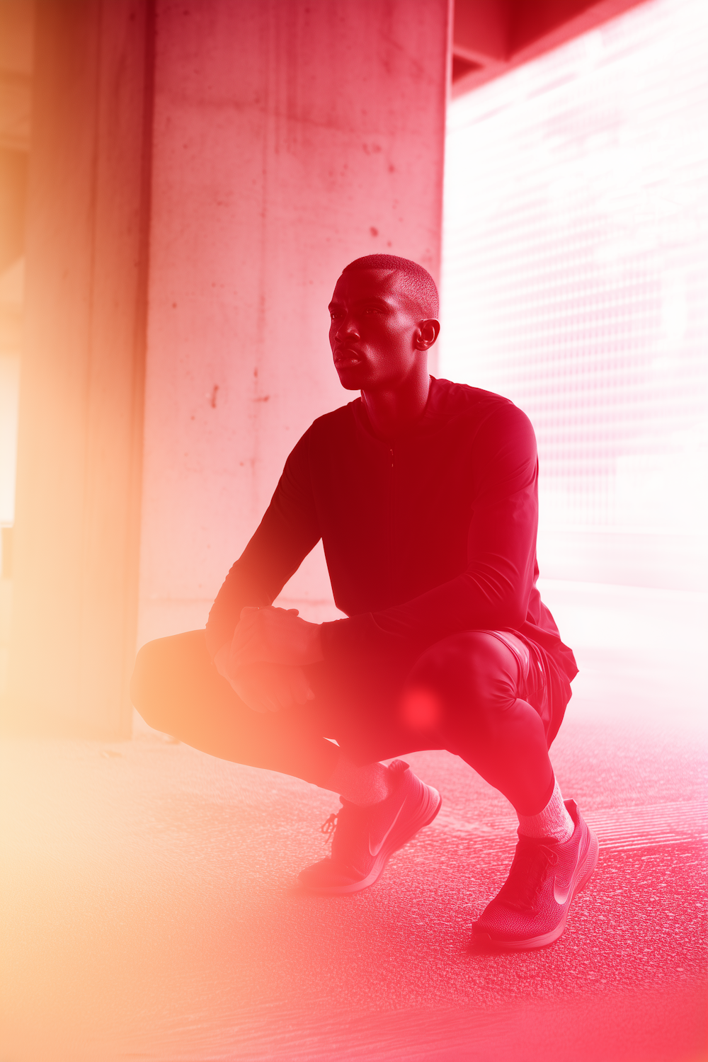 A young athlete crouching in warm street light, dressed in football kit.