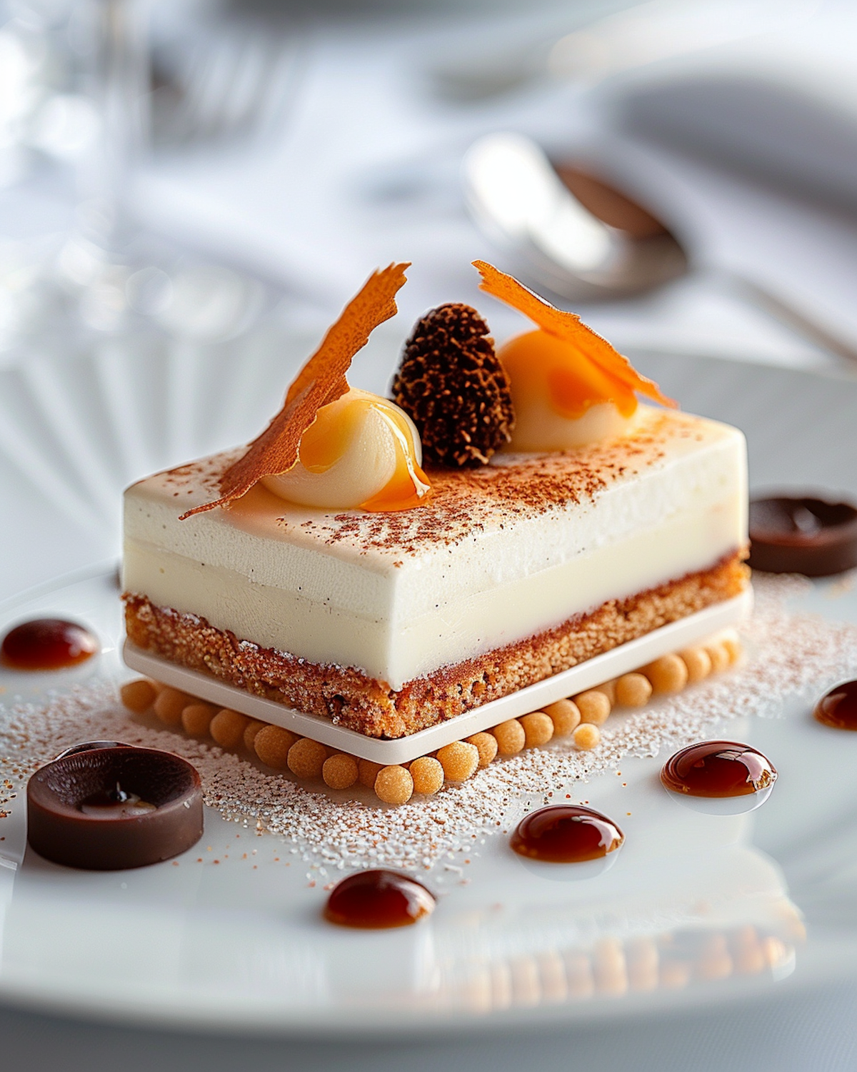 A sculpted chocolate and caramel dessert plated in a professional kitchen.