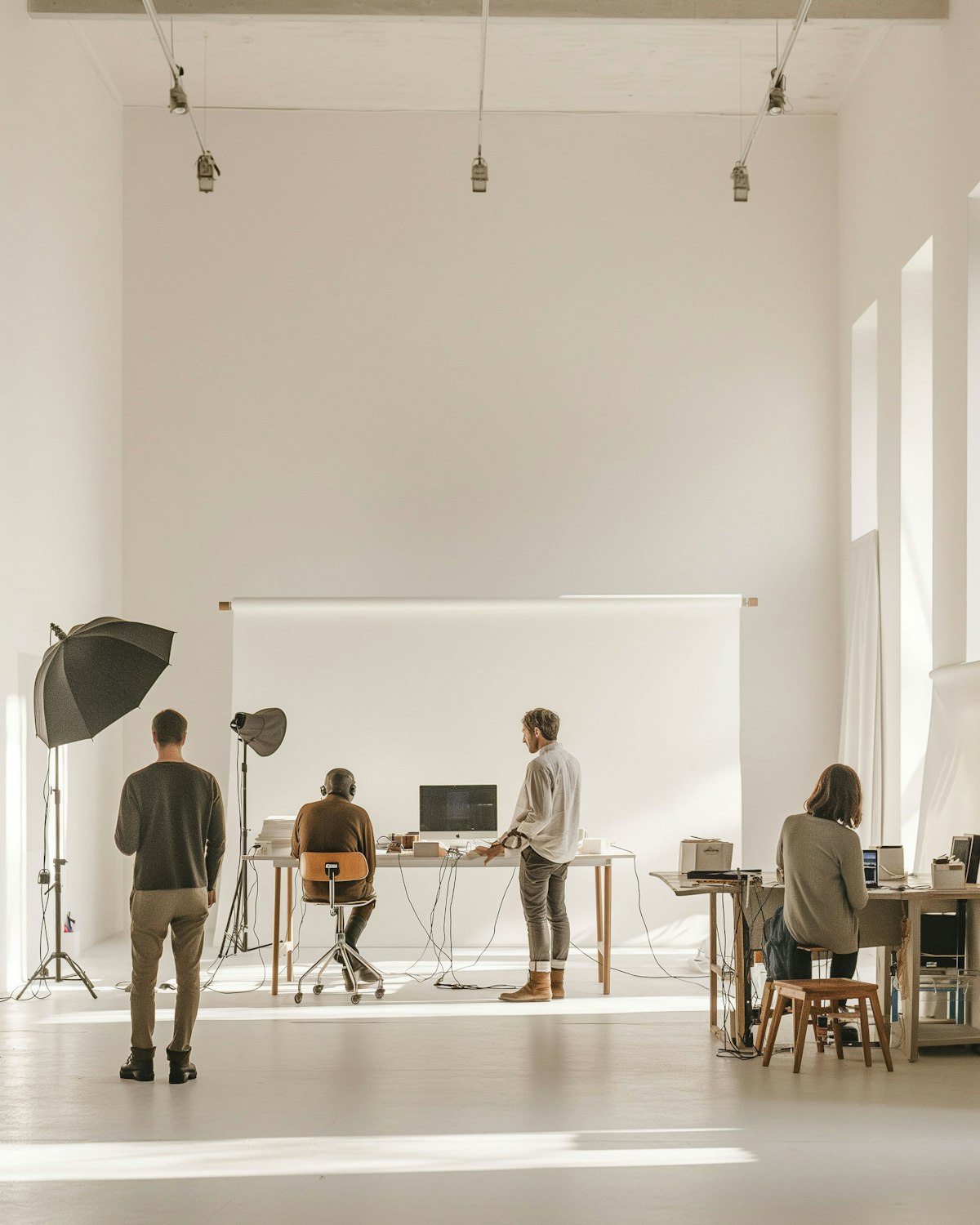 A creative team working side by side at a shared studio desk.