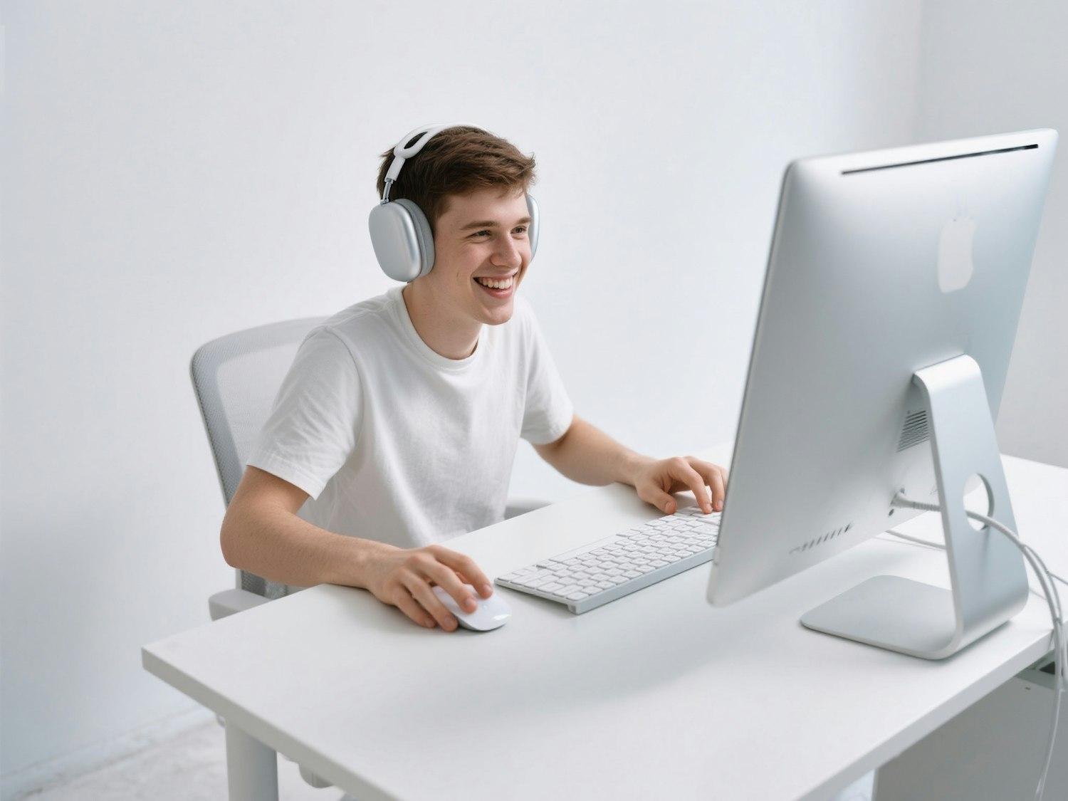 An editor working at an iMac wearing headphones in a bright studio.