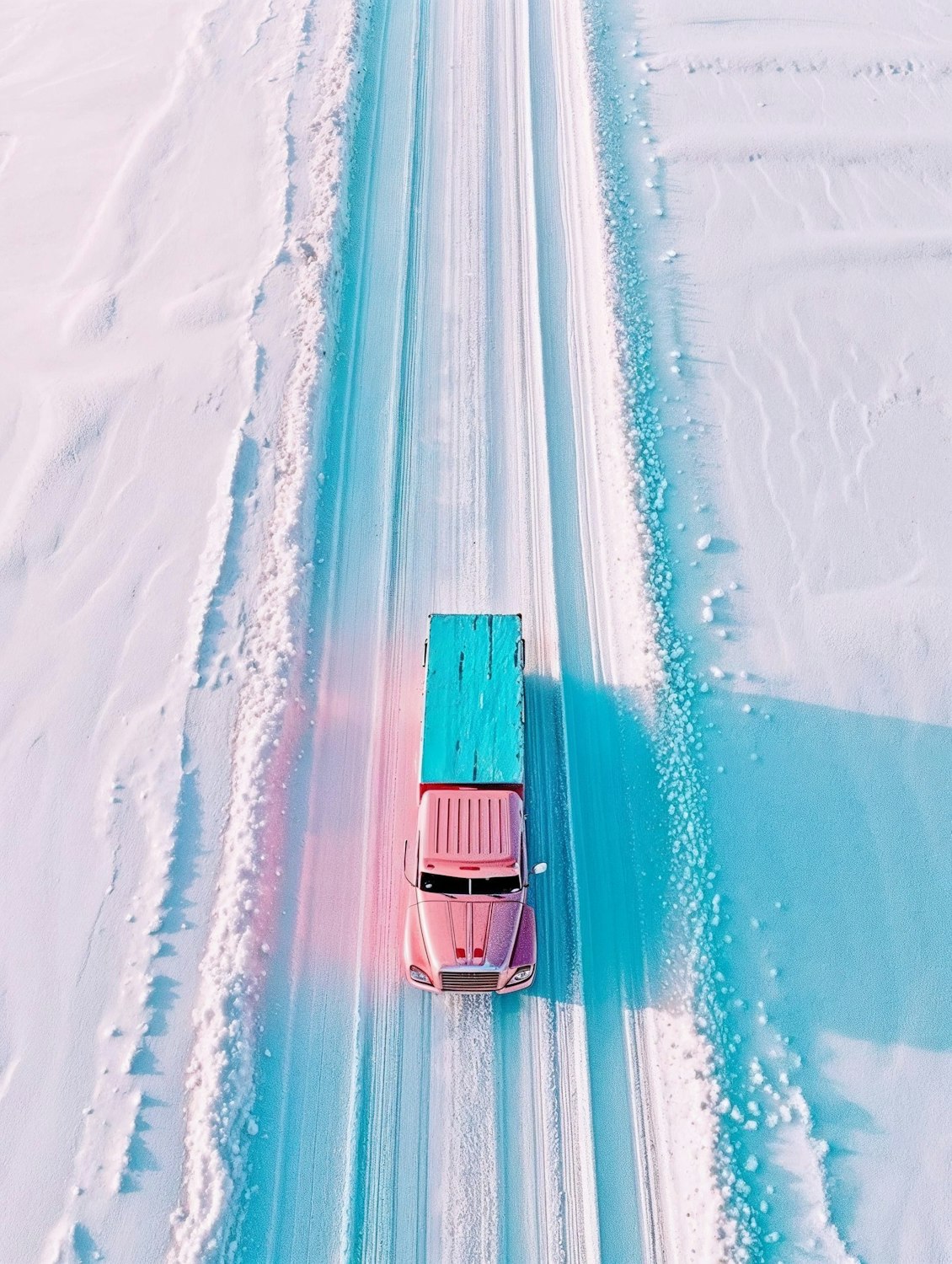 A pickup truck driving along an open road.