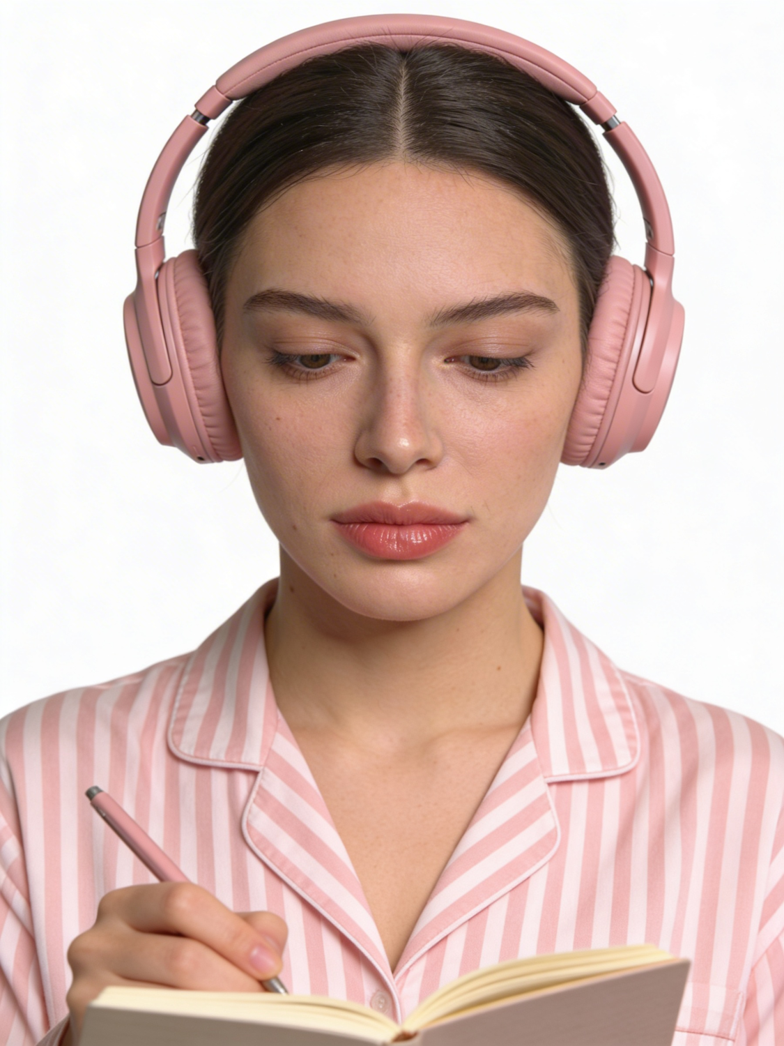A creator in headphones writing notes before recording.