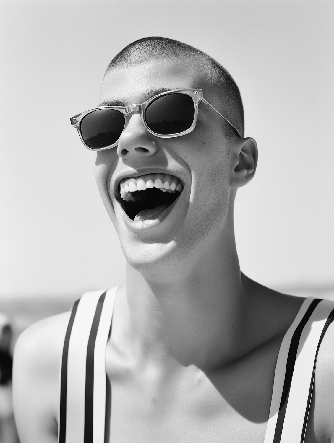 A young man laughing in a black and white portrait.