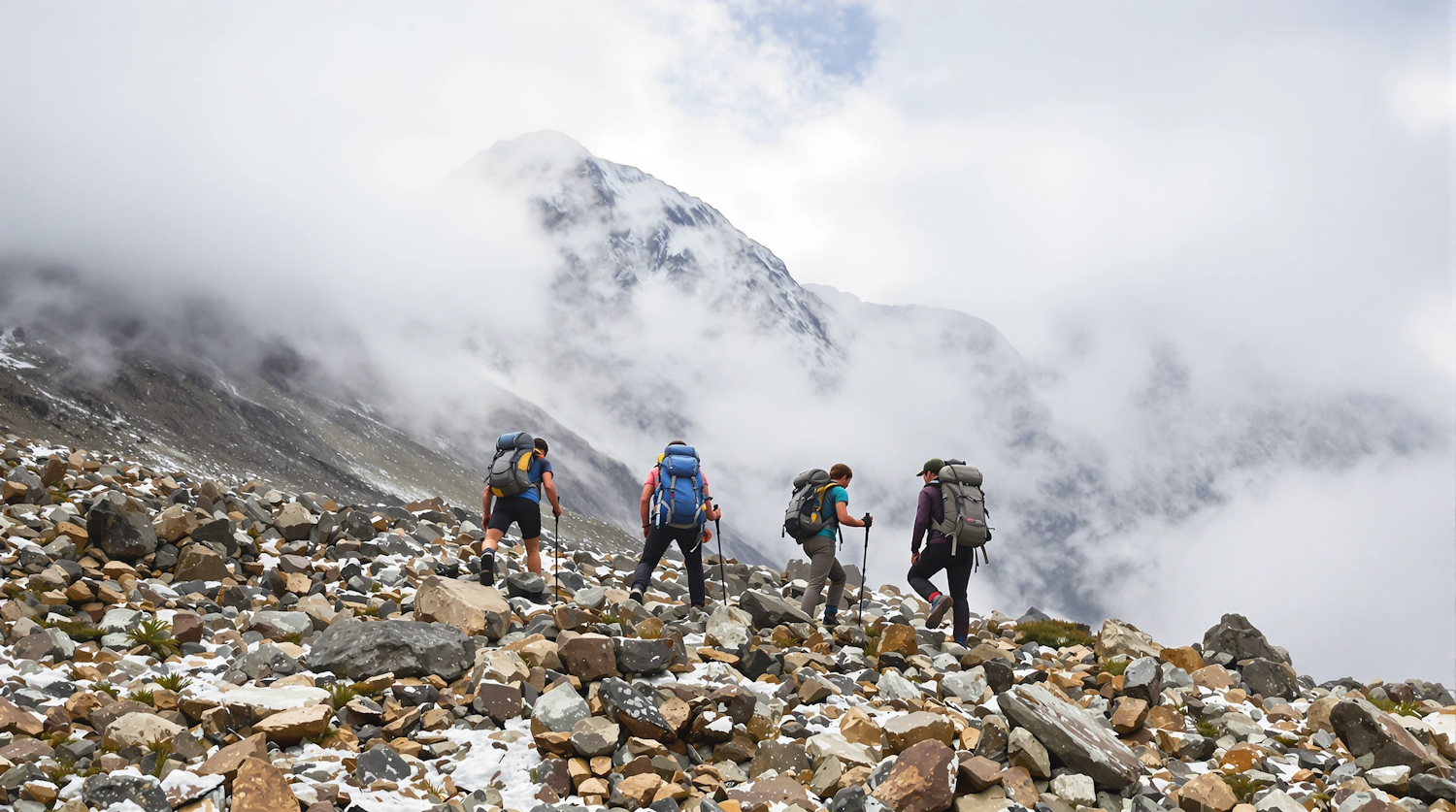 Hikers with backpacks crossing a mountain landscape.