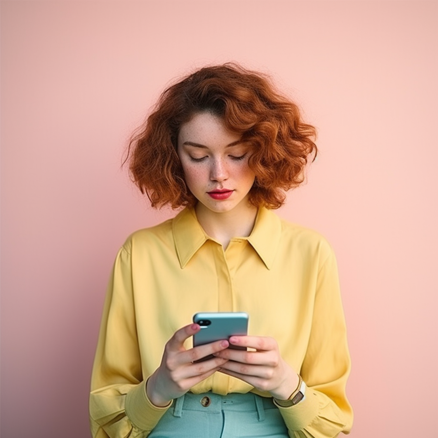 A creator filming herself on a smartphone against a coloured backdrop.