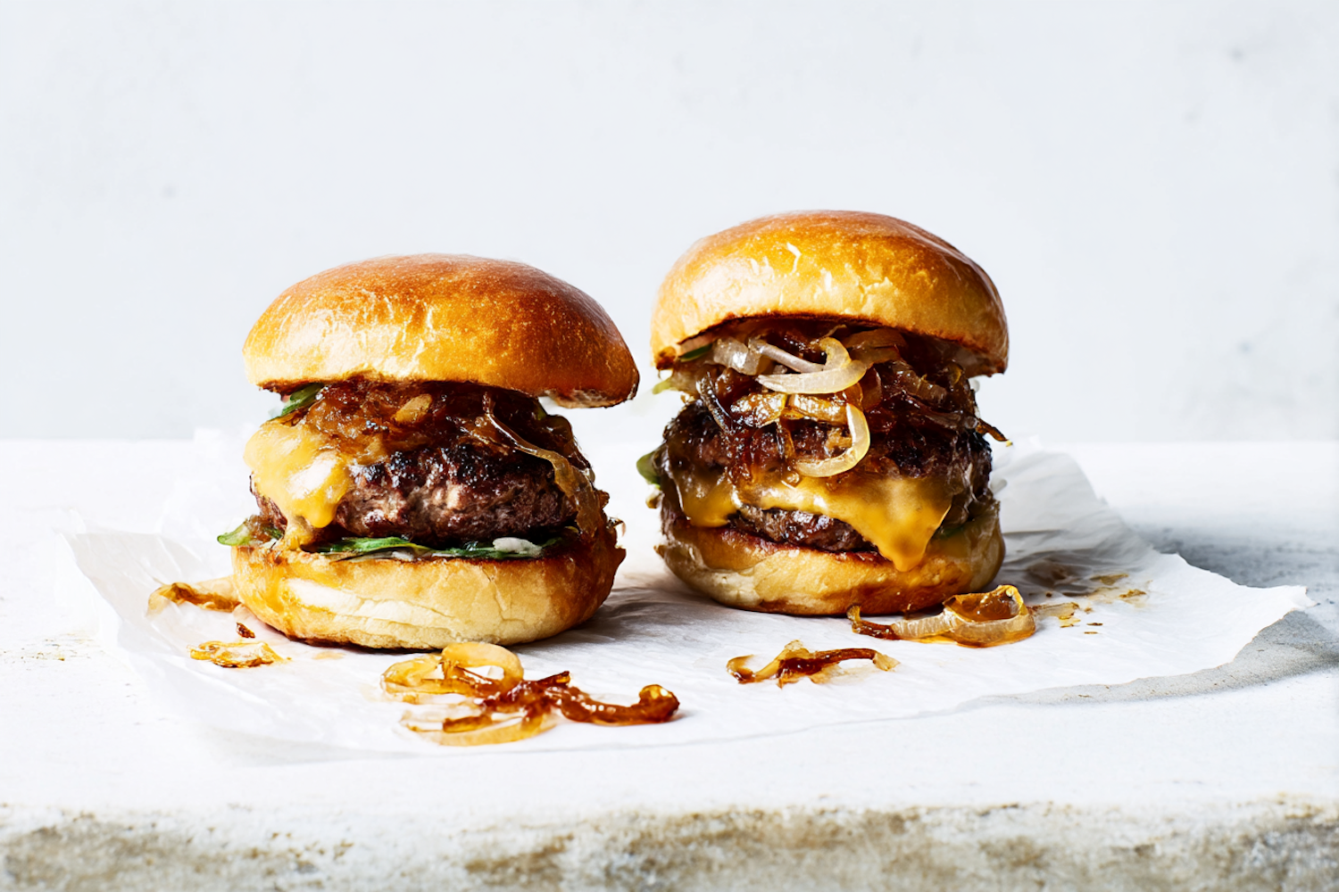 Two gourmet cheeseburgers styled for a food shoot.